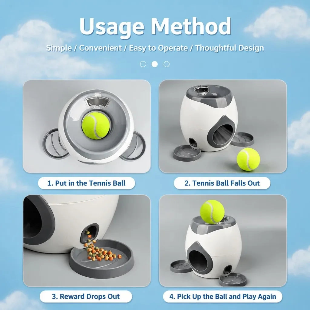 Dog Automatic Treat Dispenser Tennis Ball Launcher Interactive Food Puzzle Pet Toy Self Play Training Enrichment Durable Gift
